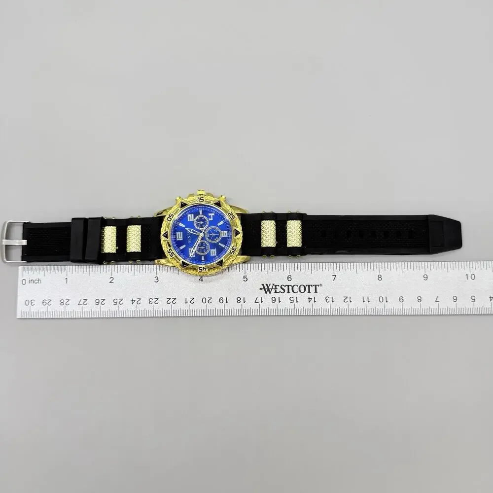 Geneva Mens Blue Dial Chronograph Style Watch Black Silicone Sport Band